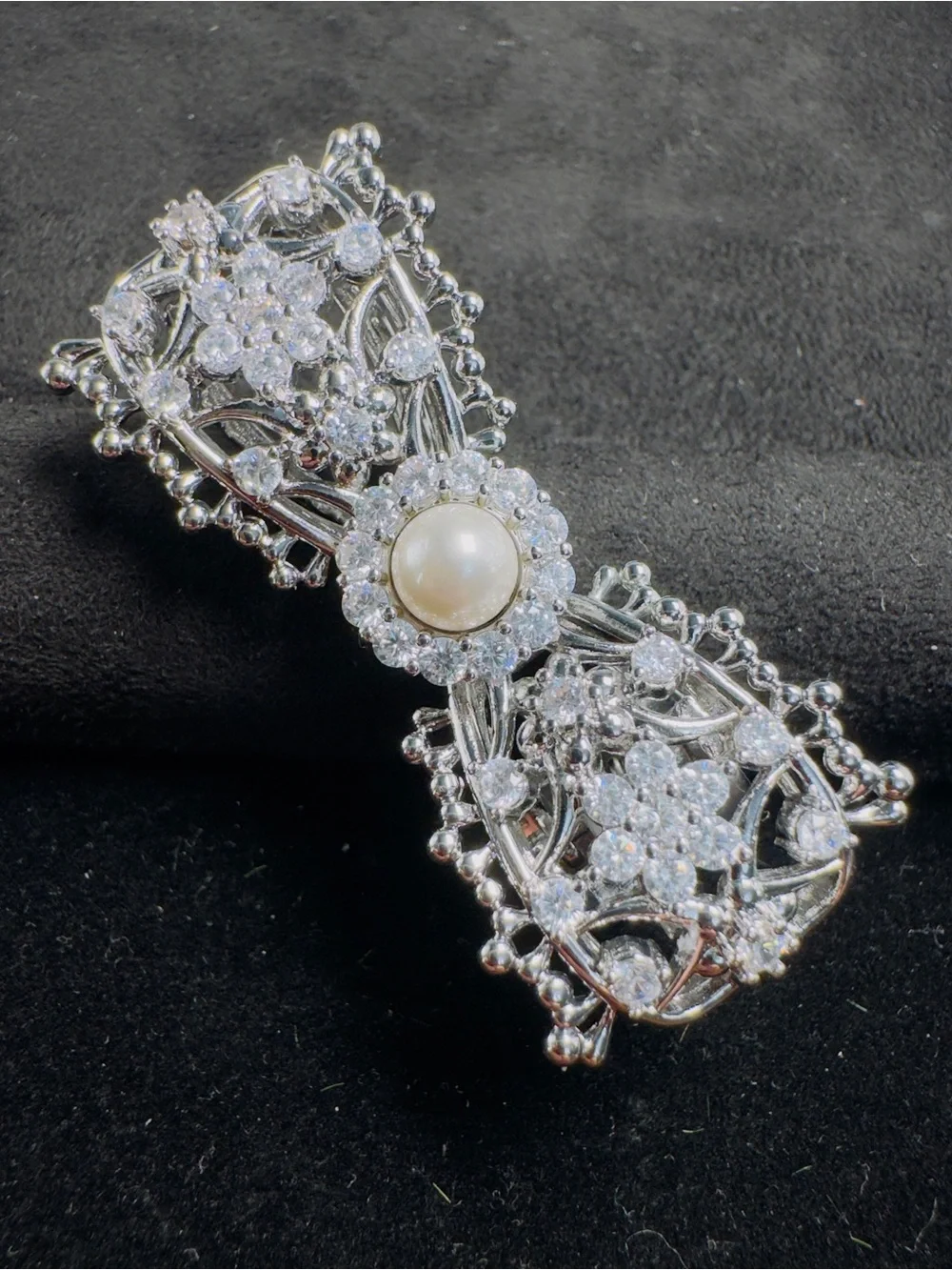 Silver Pearl & Crystal Bow Hair Clip- Women's Jewelry